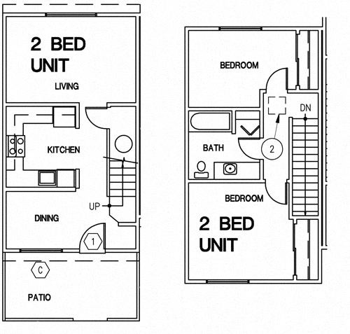 Floor plan for 2 beds, 1 bath, 896 sqft